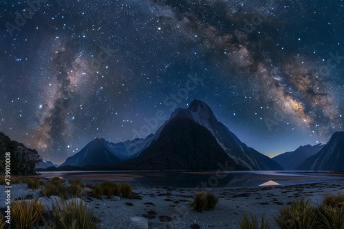 Majestic mountain range under a starry night sky With a clear view of the milky way arching over the untouched wilderness