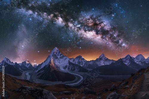 Majestic mountain range under a starry night sky With a clear view of the milky way arching over the untouched wilderness © Lucija