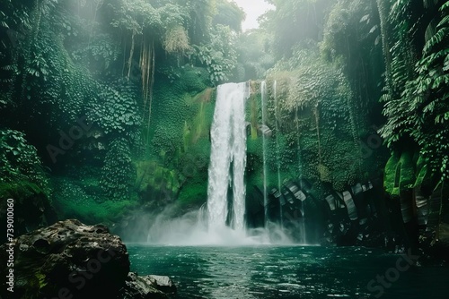 Majestic waterfall cascading into a crystal-clear pool surrounded by lush greenery Embodying the power and beauty of nature in a tranquil setting.