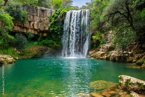 Majestic waterfall cascading into a crystal-clear pool surrounded by lush greenery Embodying the power and beauty of nature in a tranquil setting.