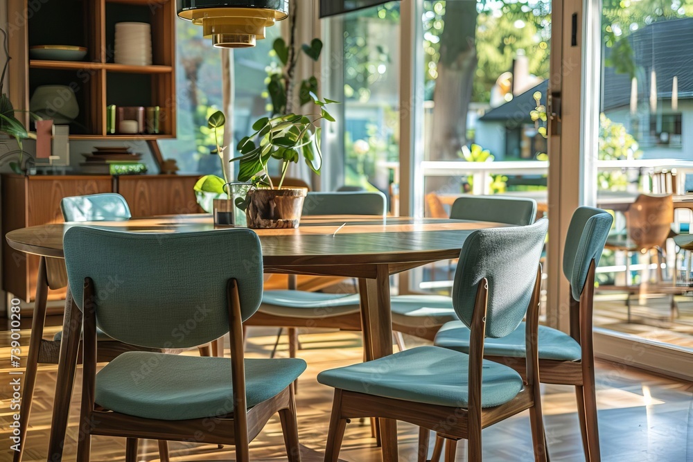 Mid-century inspired dining setup with mint-colored chairs and a round wooden table Creating a fresh and inviting space for social gatherings.