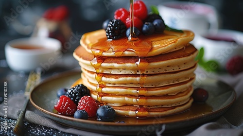 Close-up delicious pancakes, with fresh blueberries, strawberries and maple syrup