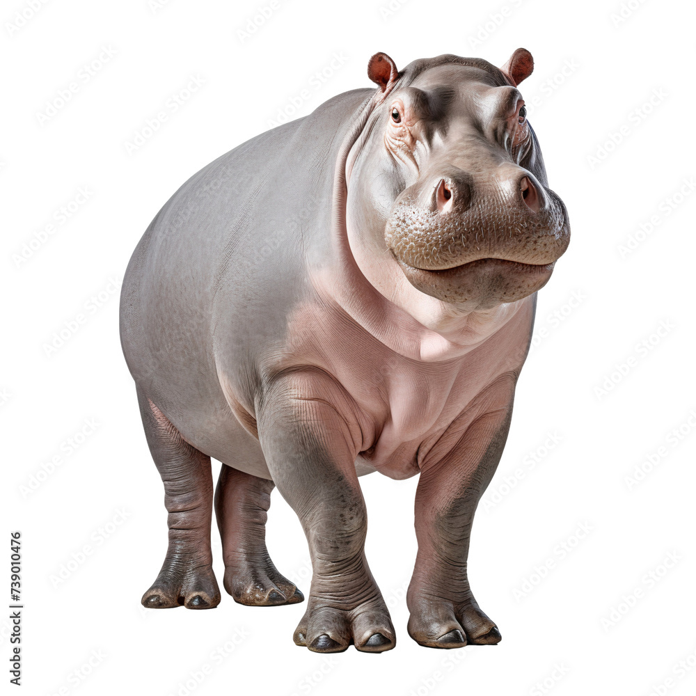 Hippopotamus standing, front view, isolated on white background