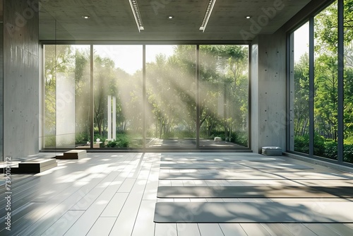 Minimalist yoga studio with natural light flooding through large windows Yoga mats neatly arranged Promoting a serene space for mindfulness and yoga practice.