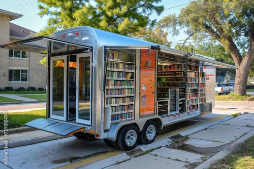 Mobile library initiative bringing books and educational resources to underserved communities Equipped with reading nooks and digital learning tools. photo