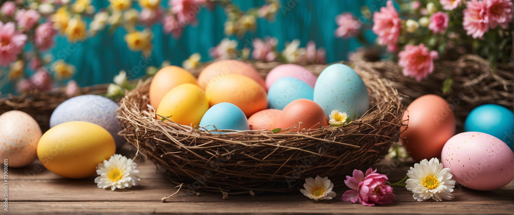 Rustic Easter Delight. Celebrating Spring with Colored Eggs in a Wooden Nest Rustic Easter Delight. Celebrating Spring with Colored Eggs in a Wooden Nest