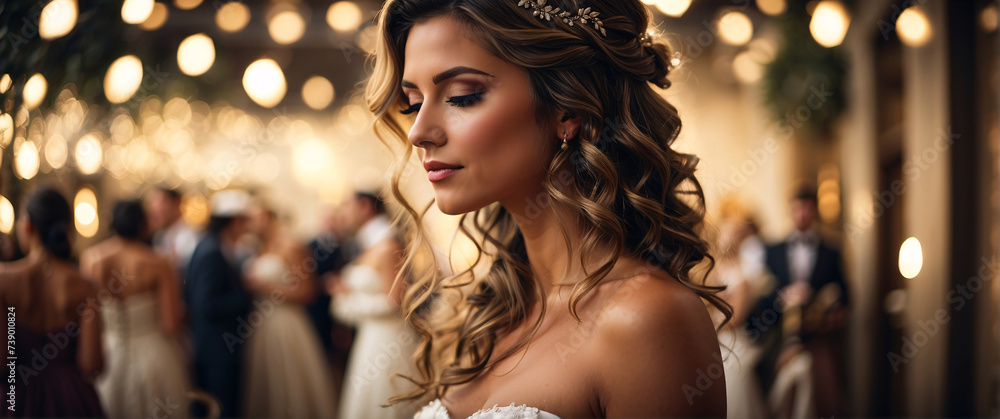 Portrait of a Young Caucasian Bride in Wedding Glamour
