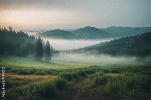 Mystical Morning Hues. Fog-Kissed Landscape at Sunrise