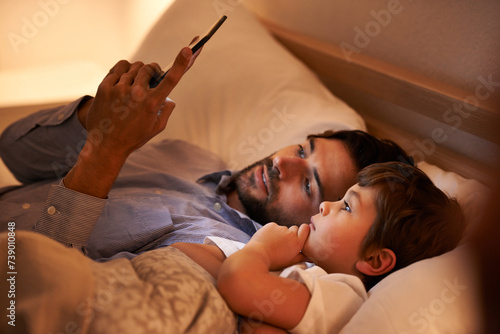 Home, father and son with tablet, night and family with storytelling and connection with social media. Dad, house and boy with technology and bedtime story with lights and bonding together with app
