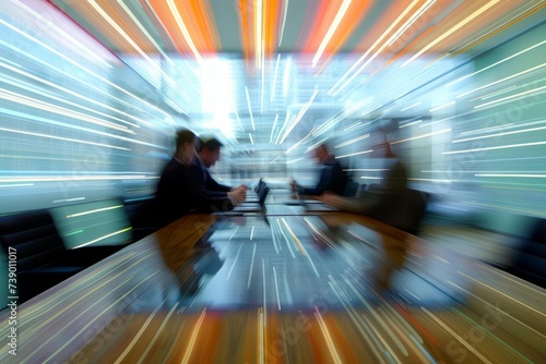 Motion-blurred effect capturing the dynamic interaction of business professionals in a sleek Contemporary conference room