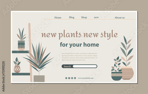 Scandinavian style home decor with plants and flower pots for landing page templates.