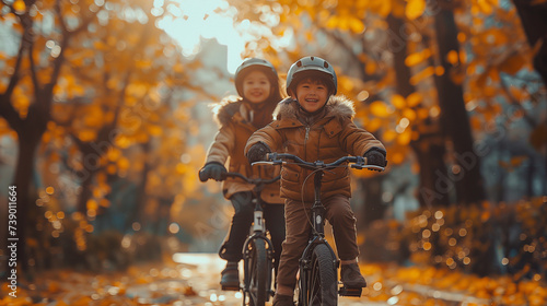 front view of a boy riding a bicycle while his father rides along with the kid. Father teaching his son to ride a bicycle