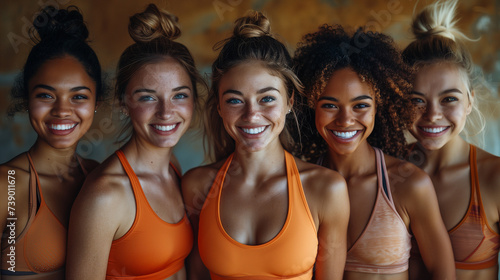 women standing together in sportswear against brown background. Diverse group women looking at camera and laughing