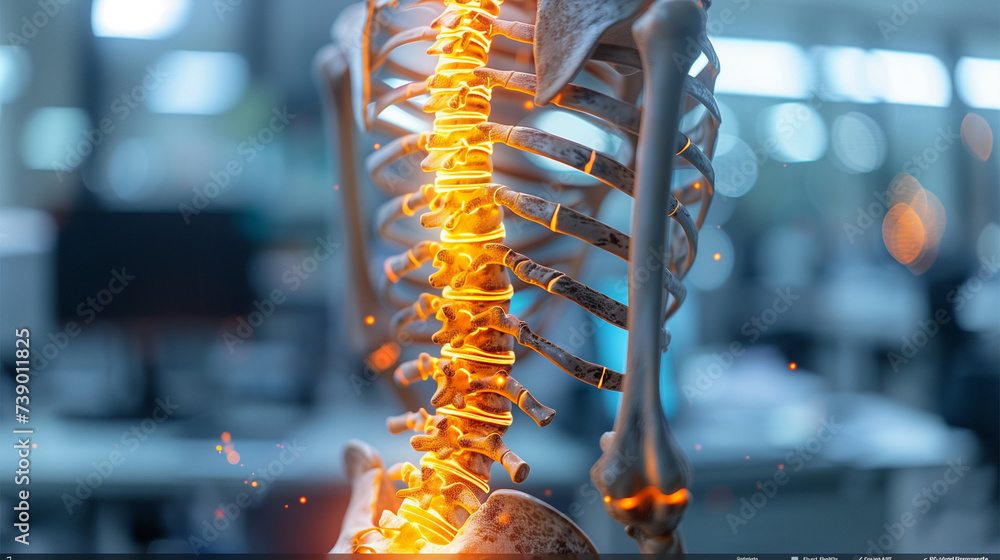 highlighted spine of a body with neck and back pain in the office, medical concept, office syndrome - obrazy, fototapety, plakaty 