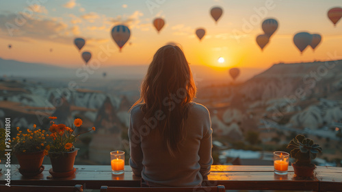 woman on a terrace at sunrise watching the hot air balloons in Cappadocia Turkey, female in a hotel watching the sunrise at Kapadokya village in summer