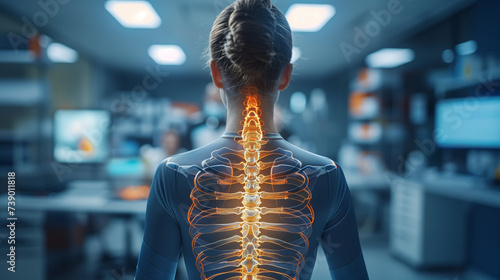 the highlighted spine of a full body of a woman with neck and back pain in the office, medical concept, office syndrome, a woman with neck and back pain