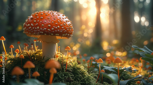 fly agaric mushroom in autumn forest, fly agaric mushroom in the forest, red and white mushroom in forest at Autumn photo