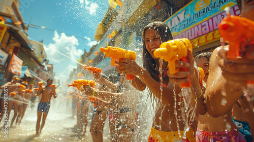 woman playing Songkran in Pattaya Thailand, or tourists with big water guns spraying water in Pattaya Thailand © Fokke Baarssen
