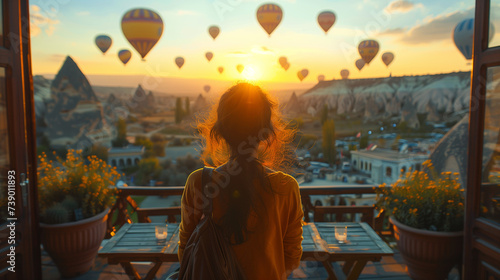 woman on a terrace in front of the hotel at sunrise watching the hot air balloons in Cappadocia Turkey, female in a hotel watching the sunrise at Kapadokya village in summer