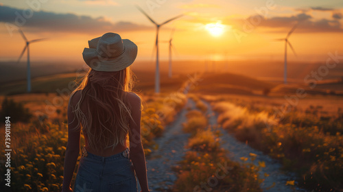  a beautiful woman is standing in the meadow with on the background windmill turbines in the Netherlands at sunset