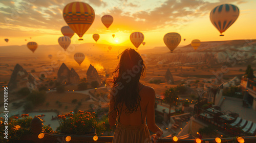 young woman on a terrace in front of the hotel at sunrise watching the hot air balloons in Cappadocia Turkey, female in hotel watching sunrise at Kapadokya village