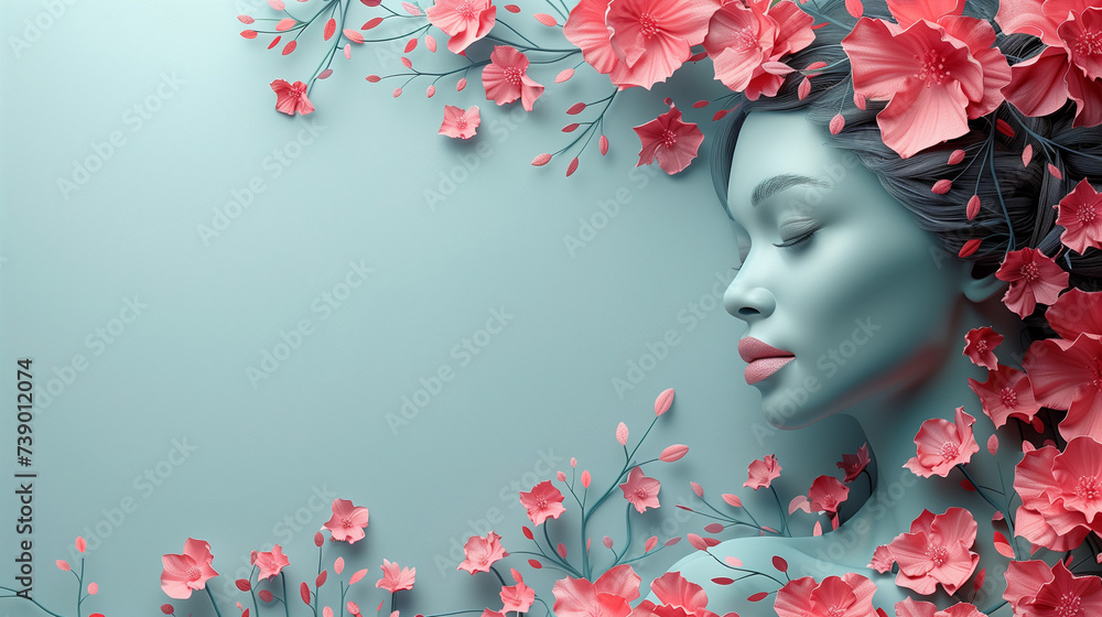 woman with flowers International Women's Day background with copy space, Women's day holiday, grey background