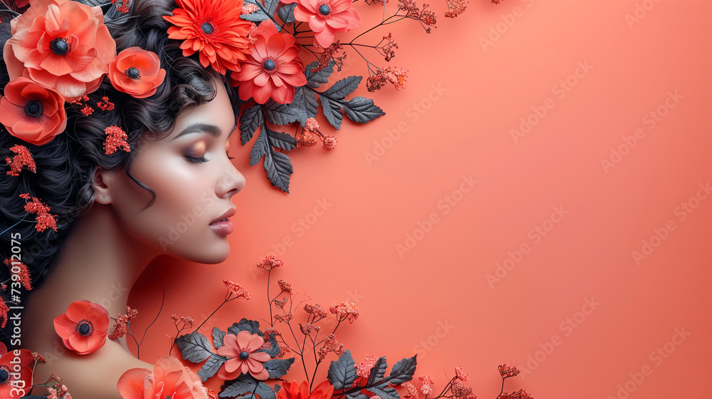 portrait of a woman with flowers on a onrange background, International Women's Day background with copy space, Women's day holiday,