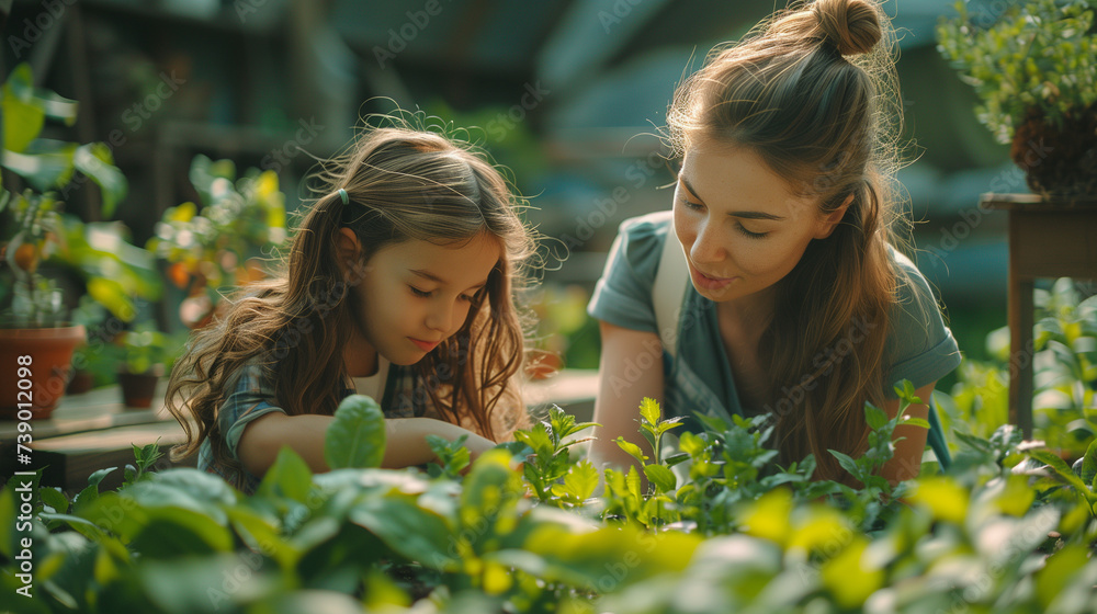 Beautiful young female farmer working in her garden with her daughter sitting by. Young mother and daughter working in the farm on a sunny day Beautiful young female farmer working in her garden with her daughter sitting by. Young mother and daughter working in the farm on a sunny day