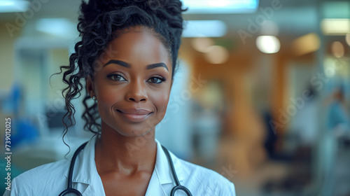 Happy Black Woman Doctor smiling in the clinic office and looking into the camera, doctor at hospital photo
