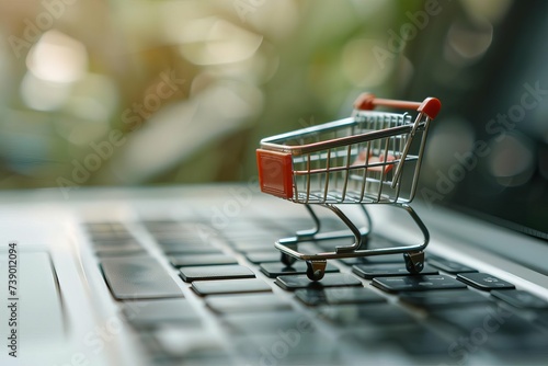 Online shopping concept visualized with a miniature shopping cart on a laptop keyboard Illustrating the ease and accessibility of e-commerce transactions. photo