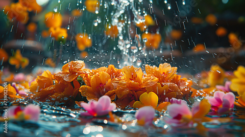 water splashing on flowers, Songkran holiday background Thailand New Year in April