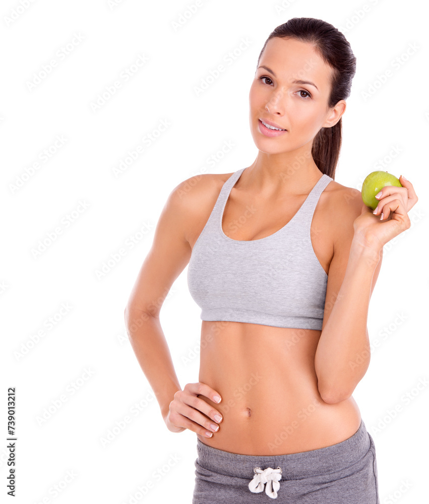 Nutrition, apple and portrait of woman in studio with snack for weight loss, health and wellness diet. Fitness, vitamins and female person with organic and fresh fruit by white background with mockup Nutrition, apple and portrait of woman in studio with snack for weight loss, health and wellness diet. Fitness, vitamins and female person with organic and fresh fruit by white background with mockup