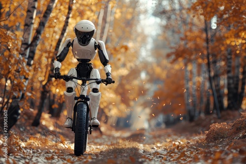Futuristic concept of a humanoid robot experiencing the joy of cycling through an autumn landscape Exploring human-like emotions © Jelena