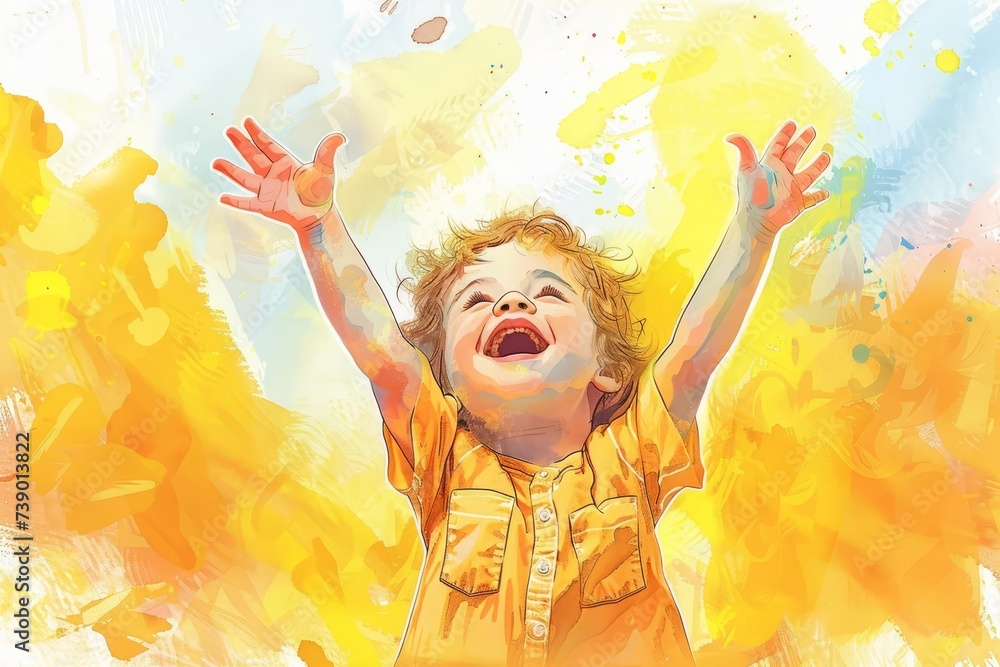 Dynamic illustration of a toddler celebrating with arms raised Capturing expressions of joy and excitement Dynamic illustration of a toddler celebrating with arms raised Capturing expressions of joy and excitement