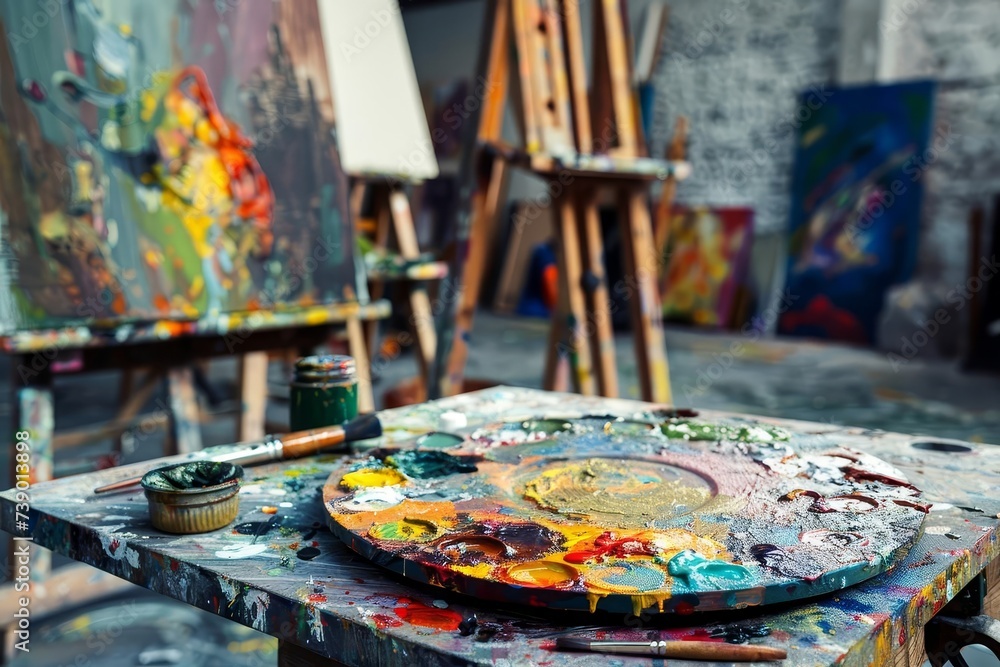 Artist's studio scene with vibrant paint splashes on a palette A canvas in progress And art supplies scattered around Capturing the creative process