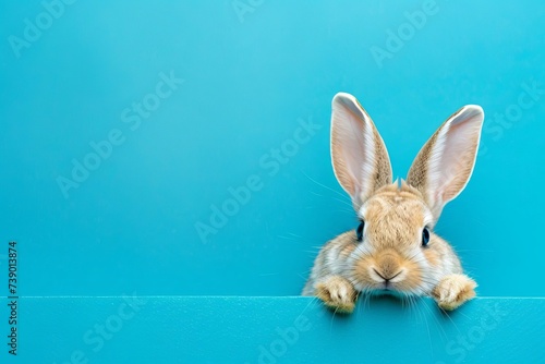 Easter bunny peeking out from a vibrant blue background Cute and playful holiday concept Space for text