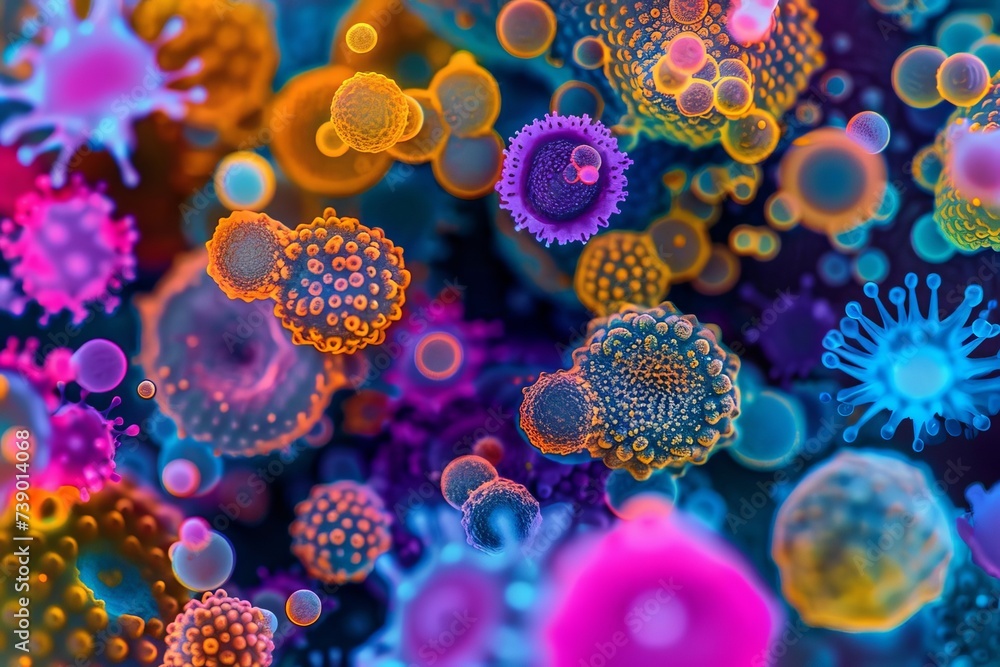 Detailed macro shot of vibrant bacteria and virus cells under a microscope Showcasing the intricate beauty of microbiology