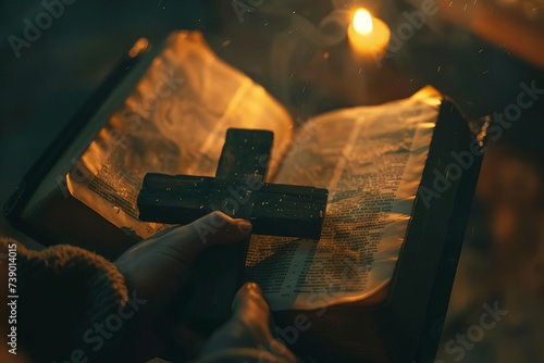 Peaceful moment of faith captured as a person holds a wooden cross over an open bible With warm light enveloping the scene Conveying hope and spirituality.