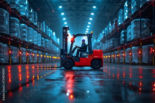 Generative AI : Forklift truck loader. Huge distribution warehouse with high shelves background.