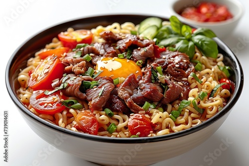 Generative AI : Noodles with meat and vegetables isolated on white background, top view