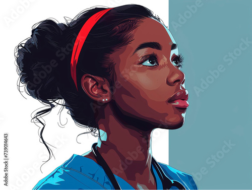 Illustration of a black girl nurse doctor in profile. Generative AI