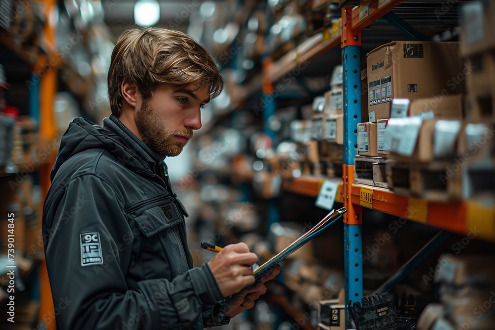 Generative AI : factory worker holding a clipboard and looking at shelf in warehouse storage Generative AI : factory worker holding a clipboard and looking at shelf in warehouse storage