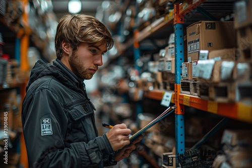 Generative AI : factory worker holding a clipboard and looking at shelf in warehouse storage photo