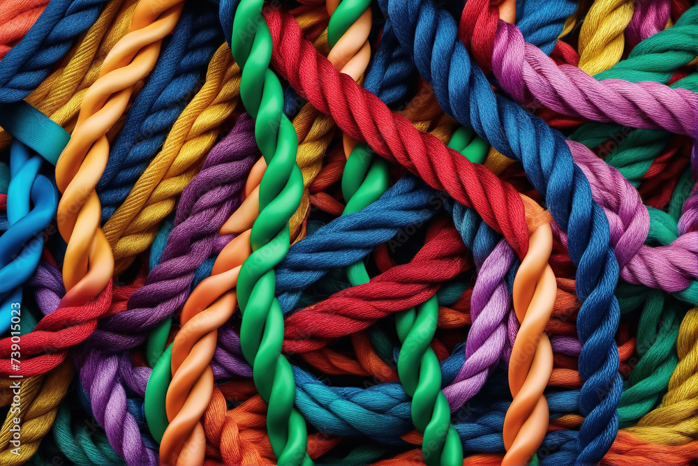 Messy pile of colorful burlap ropes