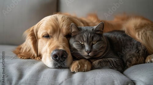 Generative AI : golden retriever puppy dog hugging british cat. isolated on white background © The Little Hut