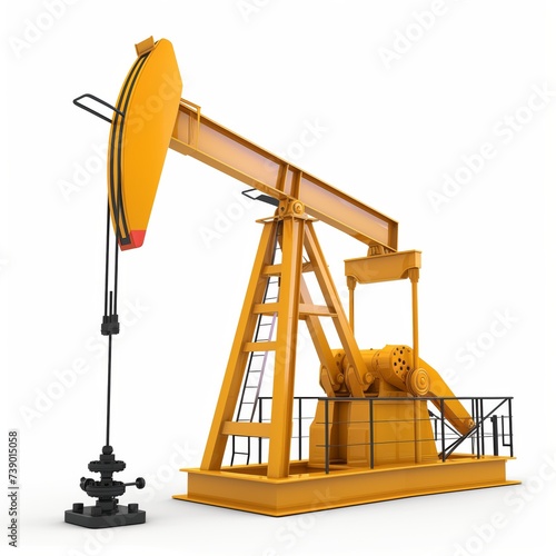 3D illustration of a yellow oil pump jack on white background, ideal for industrial and energy sector designs with copy space