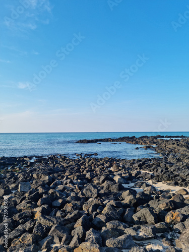 This is a Jeju seascape with basalt rocks. © binimin