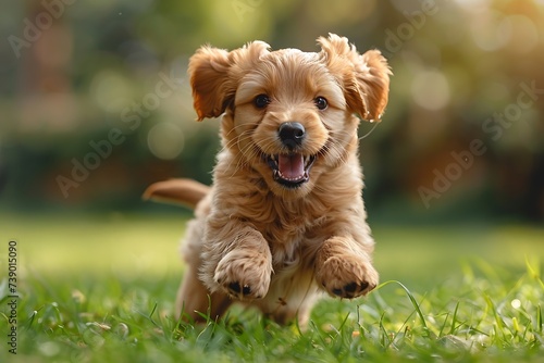 Generative AI : A very little puppy is running happily with floppy ears trough a garden with green grass. 
