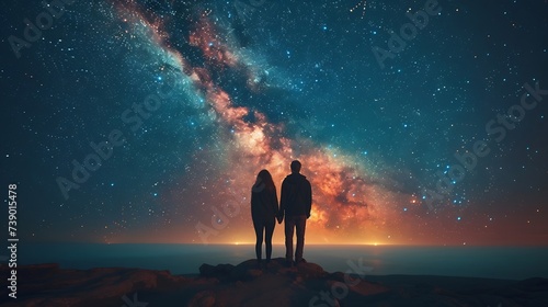 Generative AI : Silhouette of two young hikers were standing at the top of the mountain looking at the stars and Milky Way 