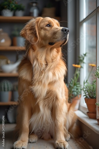 Generative AI : A portrait of a cute Golden Retriever dog sitting on the floor, isolated on white background